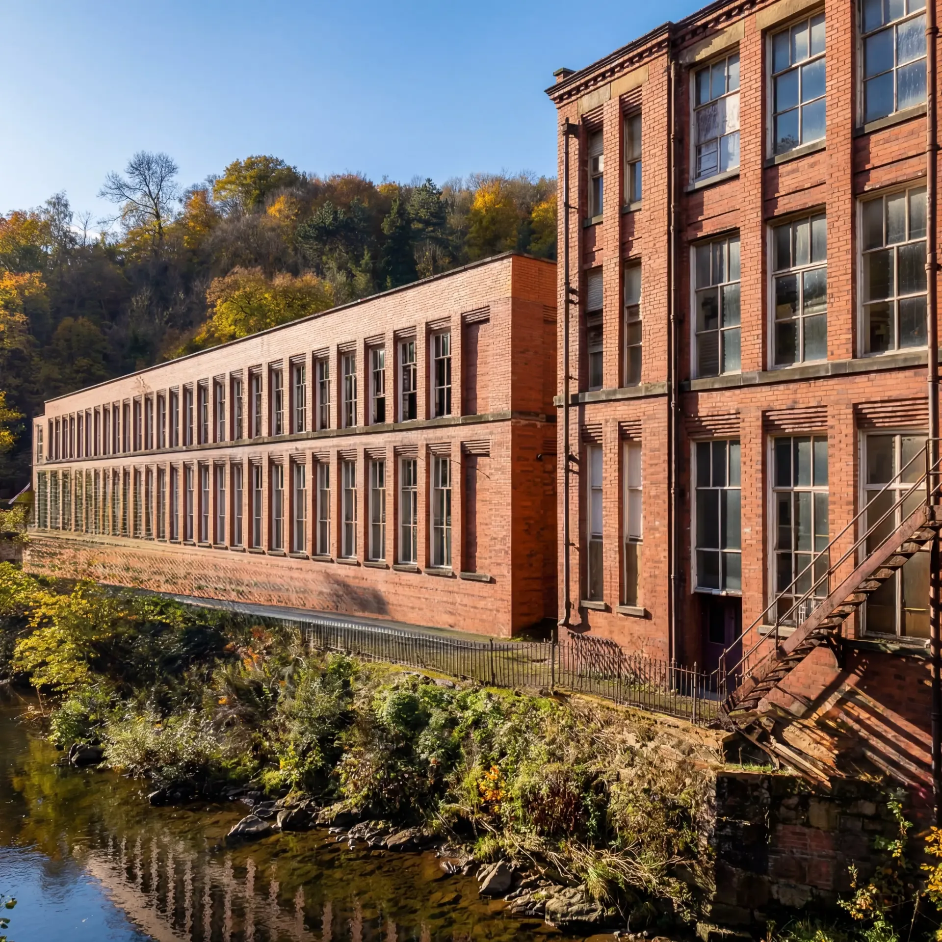 The long brick façade of Masson Mills beside the River Derwent