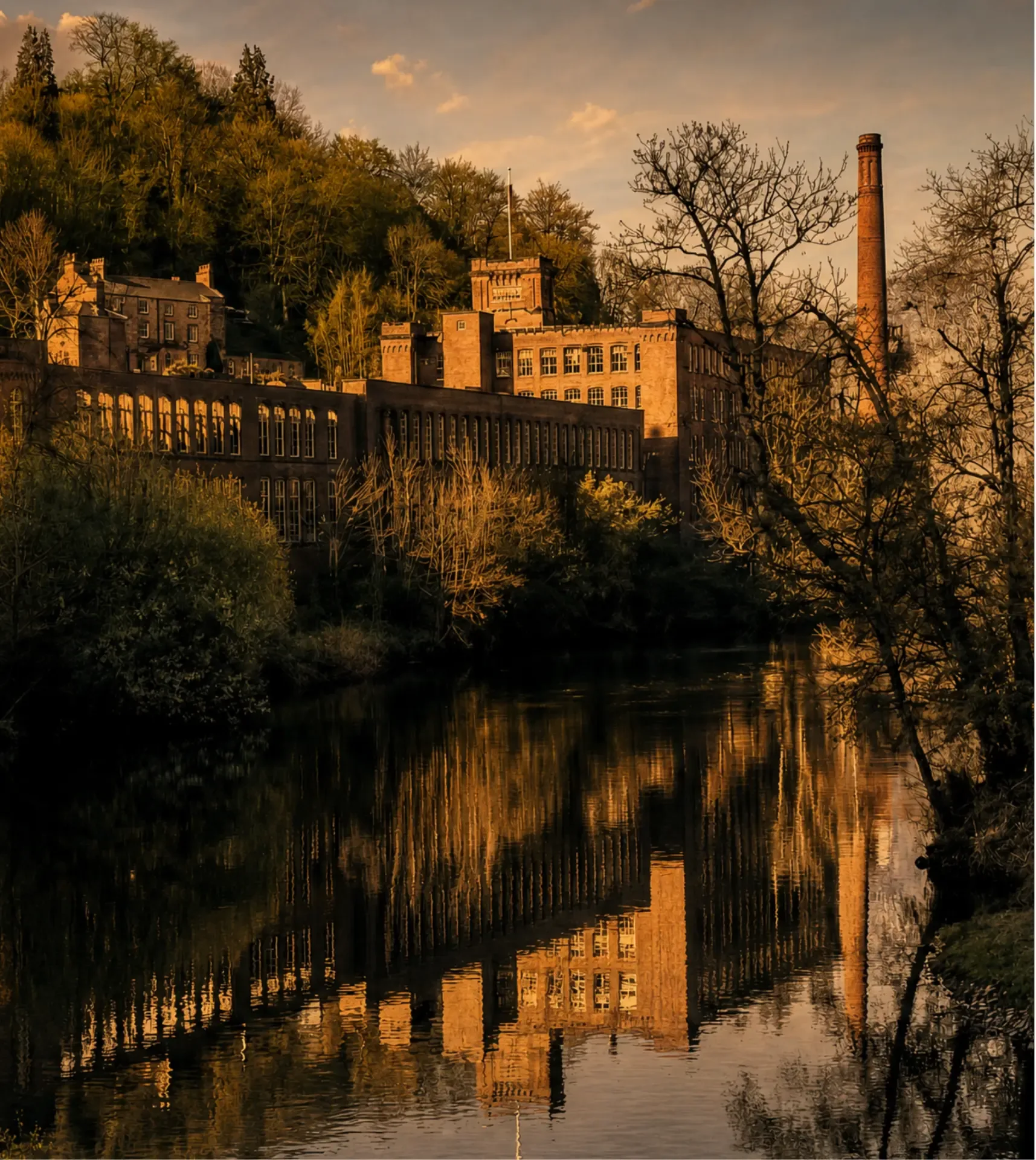 Masson Mills reflected in the River Derwent at golden hour