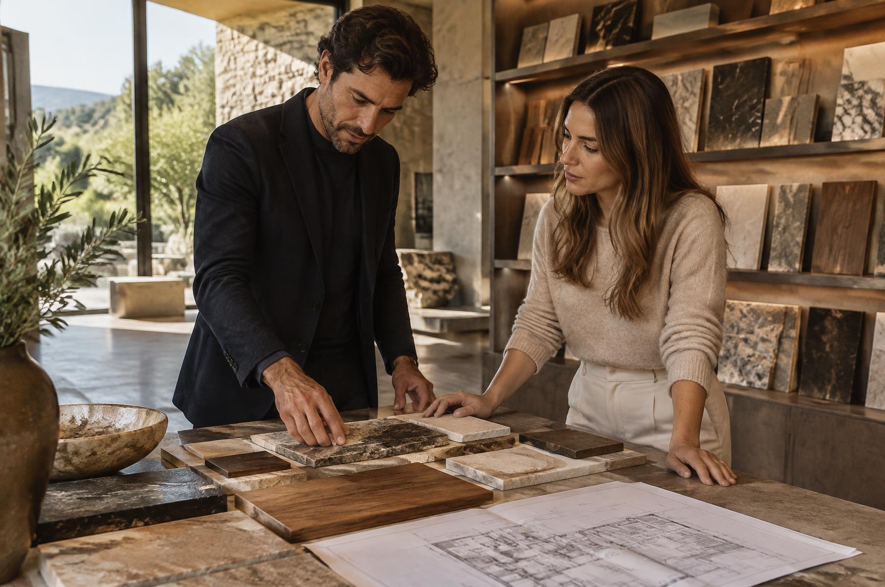An architect and homeowner comparing material samples