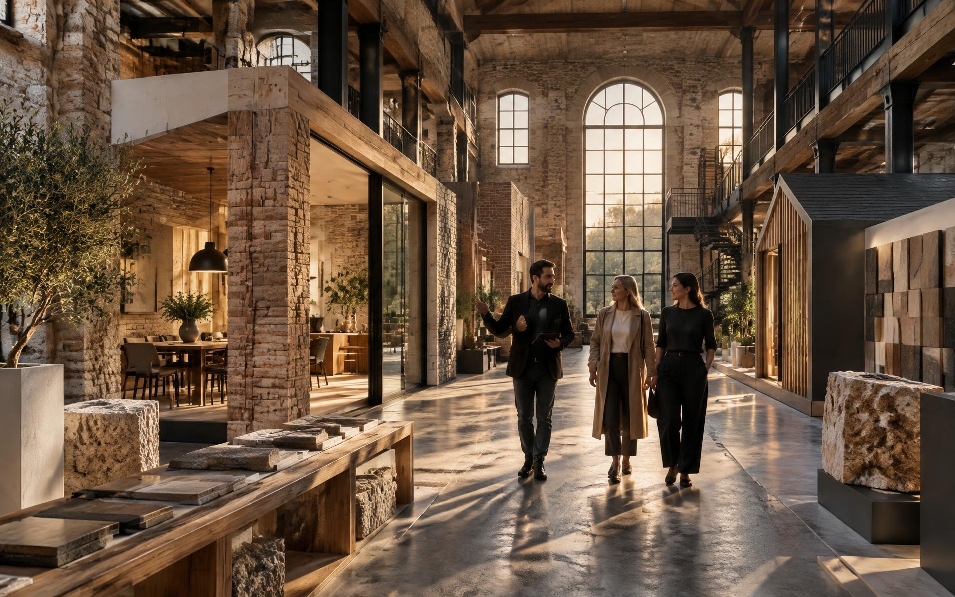 Architects and a client walking through Home at Masson Mills