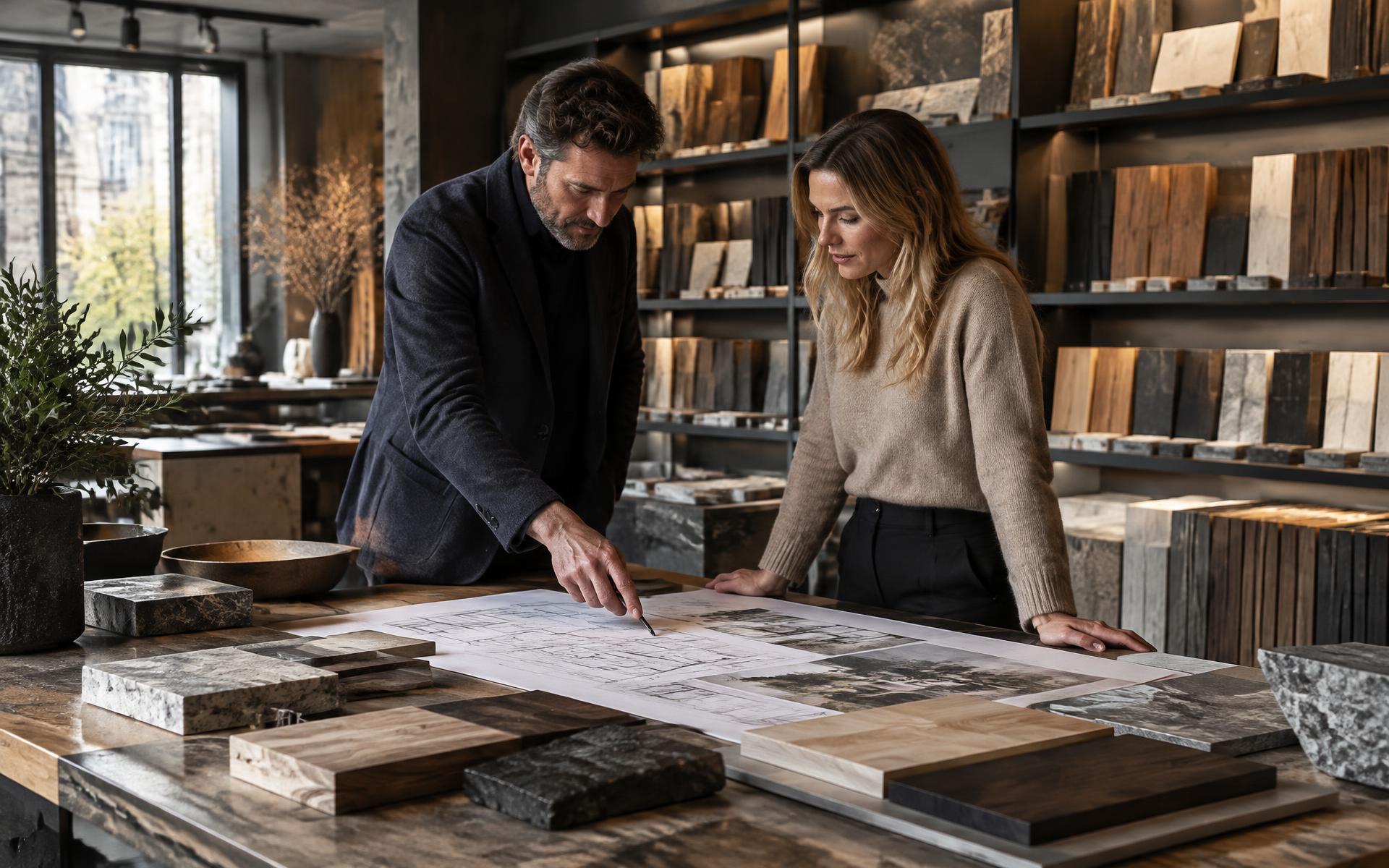An architect and client reviewing plans and materials together