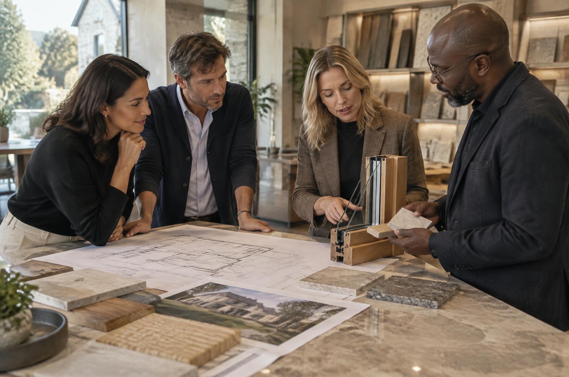 Homeowners reviewing drawings and materials with an architect and technical specialist