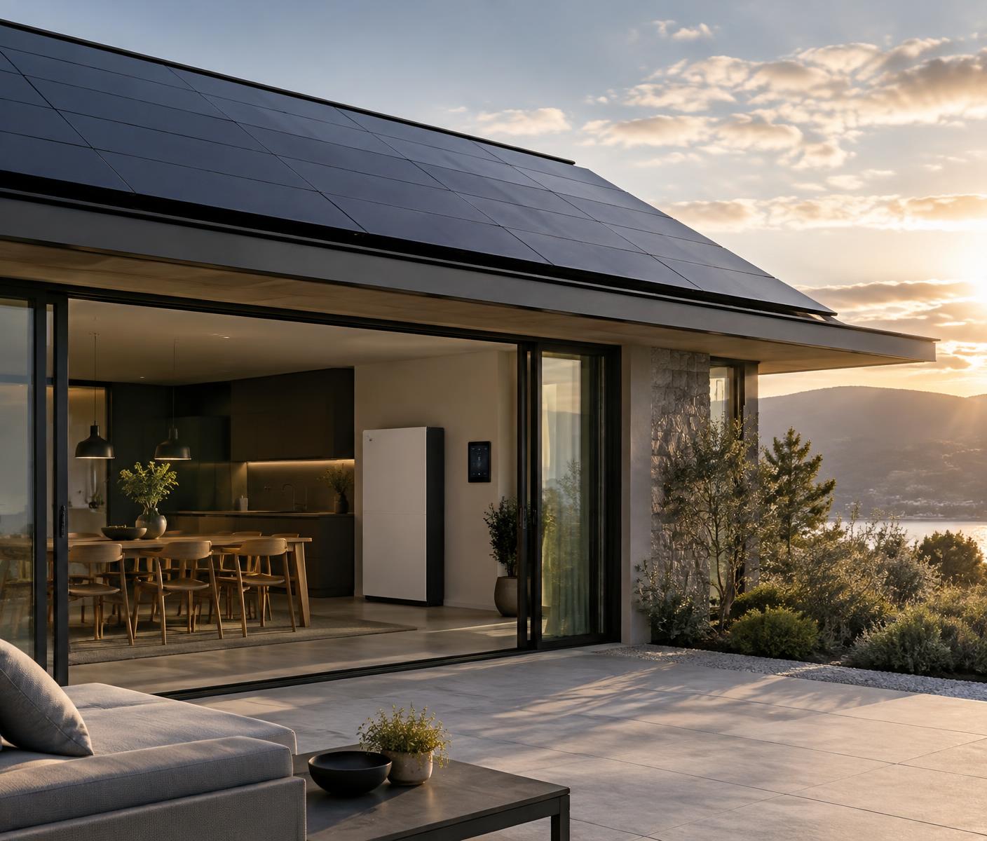 Solar panels and energy equipment on a contemporary home